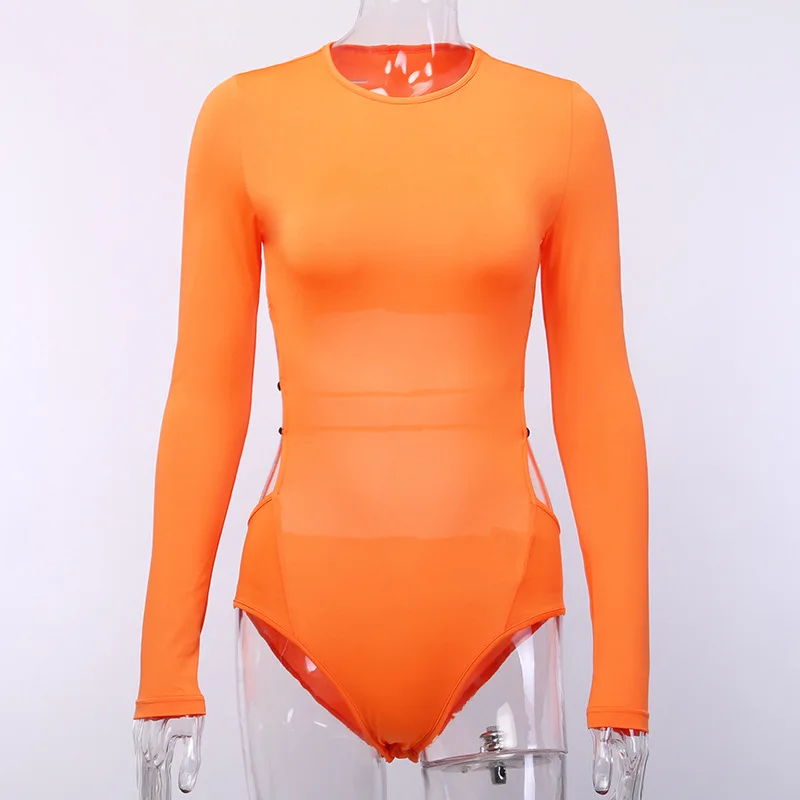  BOOFEENAA Cut Out Backless Long Sleeve Sexy Bodysuit Women Fall 2019 Neon Green Orange Black Tops B