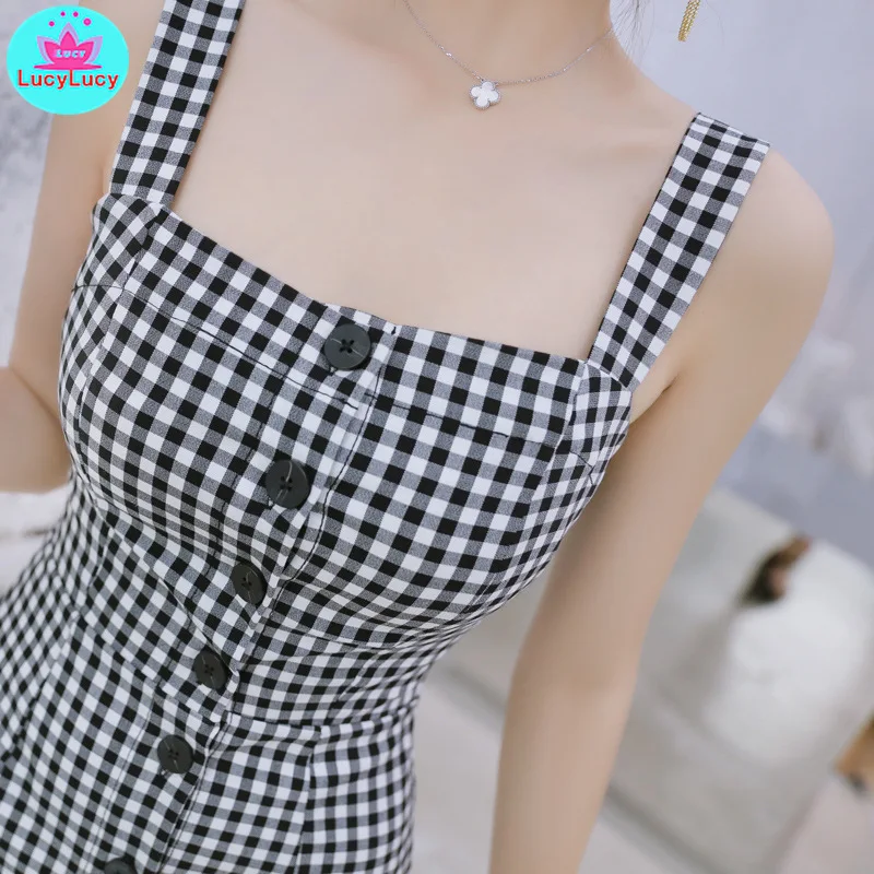 2019 summer new women's black and white plaid sexy slim strap dress Knee-Length  Spaghetti Strap  Button  Sleeveless