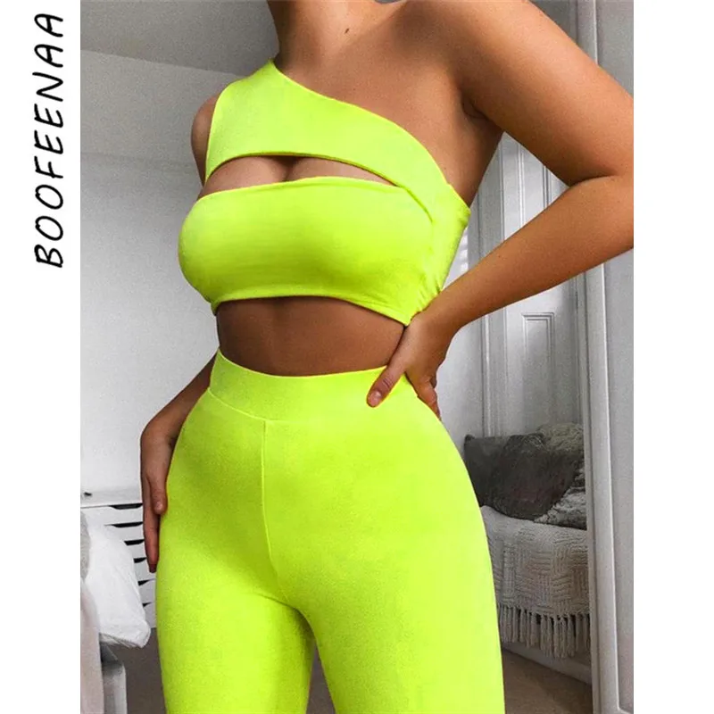 BOOFEENAA مثير اثنين من قطعة للنساء مطابقة مجموعة 2019 انقطاع Bodycon السراويل النيون الأخضر البرتقال 2 قطعة رياضية نادي تتسابق c87AZ56
