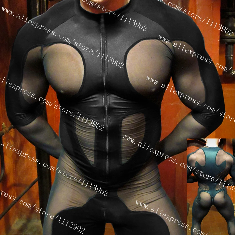 

New Sexy Fitness Men Faux Leather Mesh Catsuit Wetlook Overalls for Men Fetish Male Guy Bodysuit Pattern Jumpsuit male suit
