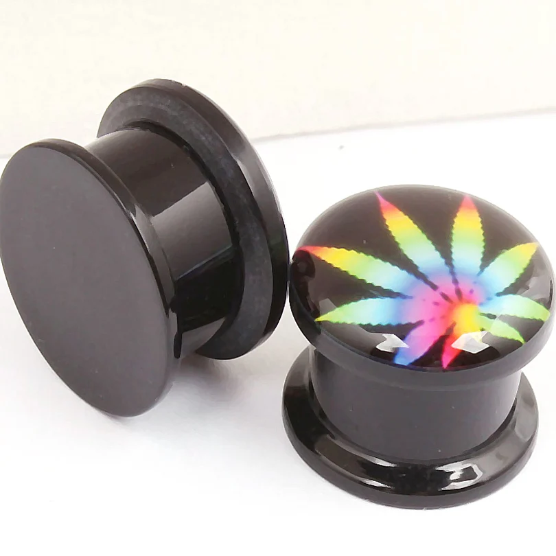 

2pcs Acrylic Colourful leaf Weed Ear Gauges Plugs And Tunnels Stretching Expander Double Flared Saddle Body piercing Jewelry
