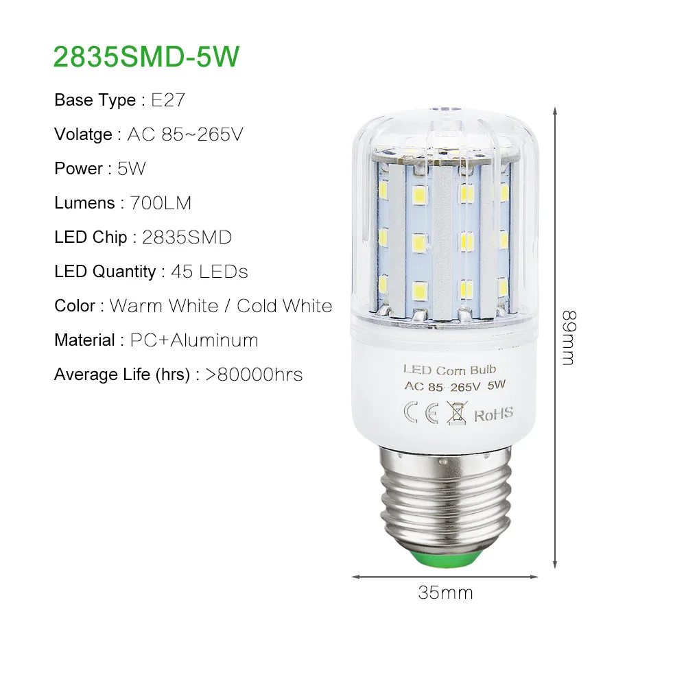 Без мерцания ультра-яркая подсветка с E27 E26 светодиодный лампы кукурузы AC 85-265 V 5 W 10 W 15 Вт, 20 Вт, 25 Вт, 35 Вт, 45 Вт реальные Мощность лампочки - Испускаемый цвет: 5W real