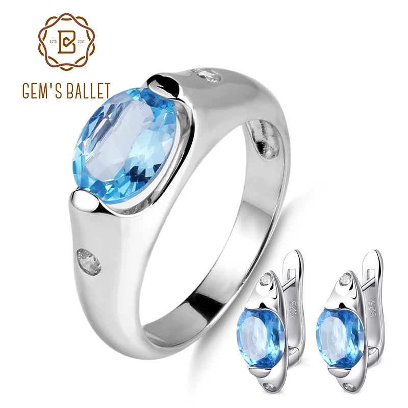 

GEM'S BALLET 5.52ct Casual Oval Natural Blue Topaz Gemstone Jewelry Set 925 Sterling Silver Earrings Ring Set Fine For Women