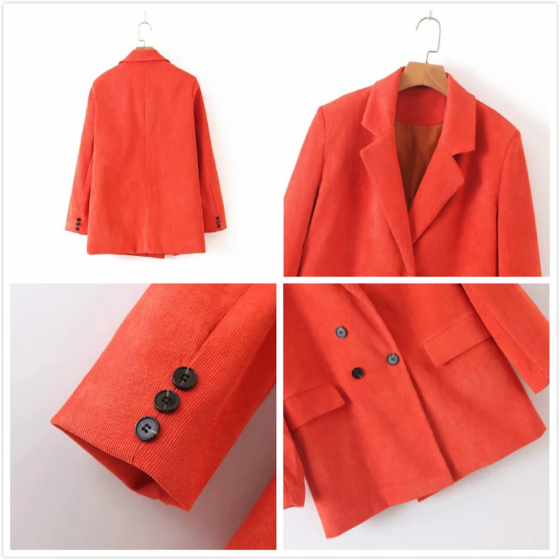 2019 Corduroy Work Women's Pant Suit Double Breasted Office Lady Jacket Blazer & Wide Leg Pants Two Piece Sets Female Trouser