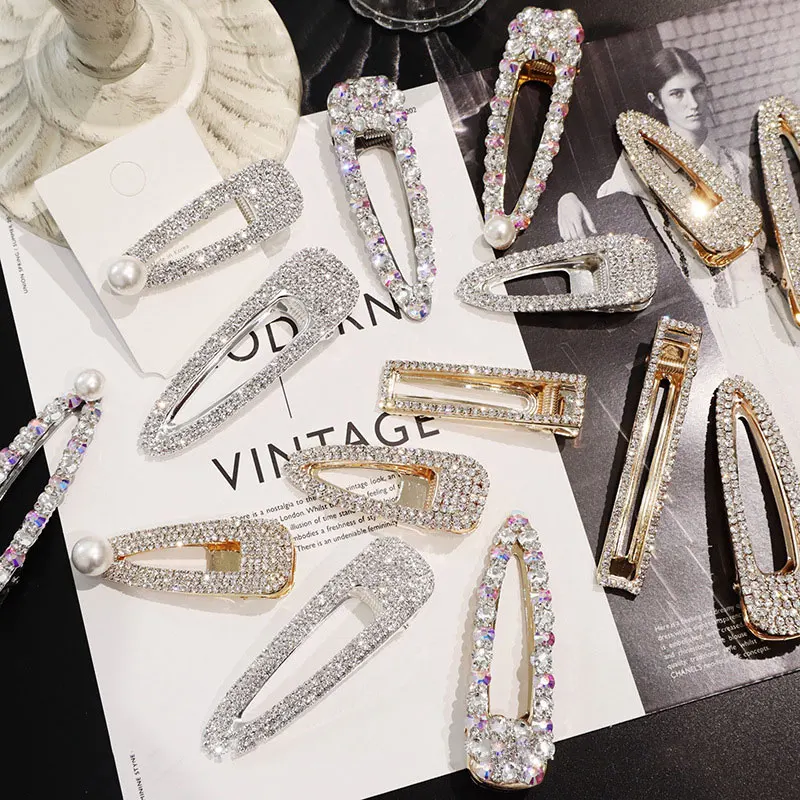 

Bling Rhinestone Geometric Girl Hair Clips ins Pearl Barrettes Hairgrip Crystal Hair Accessories For Women