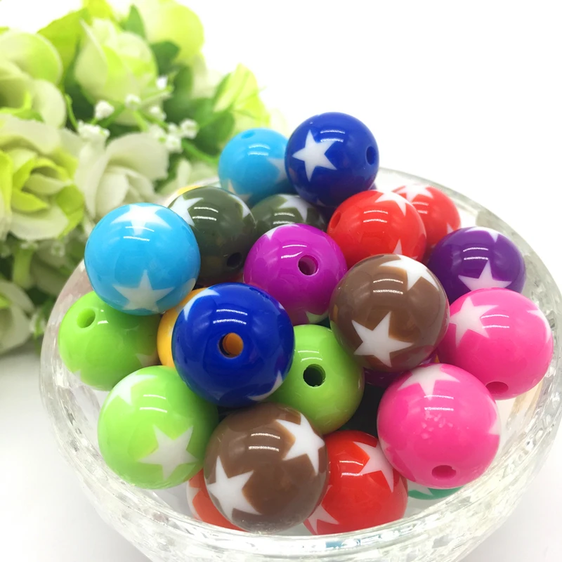

New 16mm 50Pcs Print Stars Acrylic Round Spacer Loose Beads Crafts Mixing