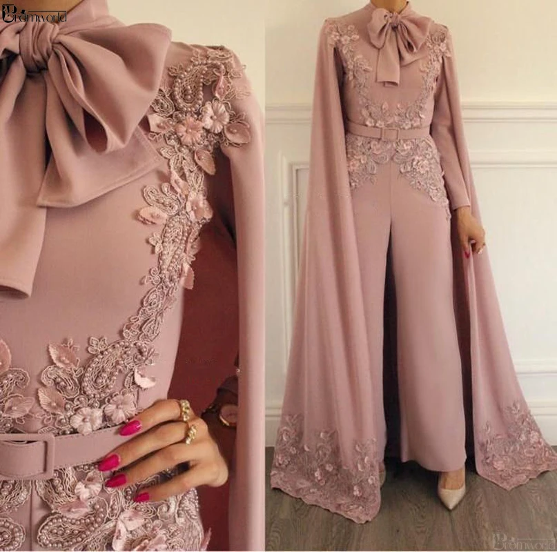 

Elegant Muslim Evening Dress 2019 Blush Pink Lace Appliques Beaded Evening Pants Dubai Arabic Long Sleeves Formal Evening Gown