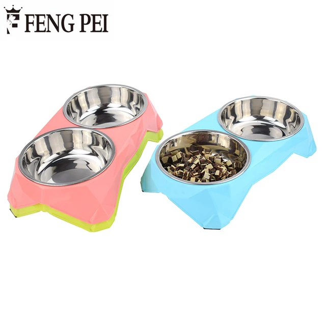 Fengpei Stainless Double Dog Bowls Moveable Pattern Non Slip Bottom Fengpei Stainless Double Dog Bowls Moveable Pattern Non Slip Bottom Three Color Pet Cat Feeder