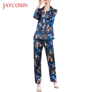 

JAYCOSIN Summer Sleepwear Women Long Sleeve Printed Nightwear Satin Top Pants Sets Casual Daily Occasion Polyester Material