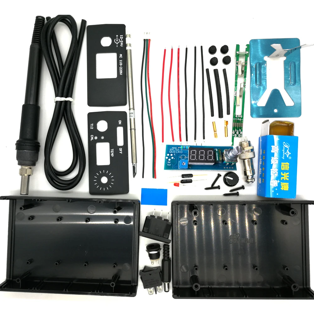 Goedkoop QUICKO 2019 nieuwe Digitale Soldeerbout Station Temperatuur Controller LED DIY Kits T12 Handvat Elektrische Eenheid trillingen schakelaar