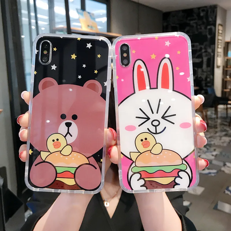 

Cute Phone Couple Cases for iPhone Bear Bunny Cartoon Glass Case Cover for iPhone 6 6s 7 8 Plus X XS XR XSMax