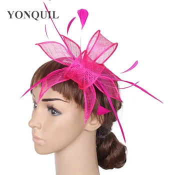 

Hot pink cocktail hat sinamay Fascinator fashion feather hair accessories white wedding headpieces 21color can be chosen SYF10