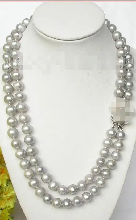 

Free Shipping >>>Genuine 17" 2row 10mm round Gray pearls necklace white pearl clasp j7935
