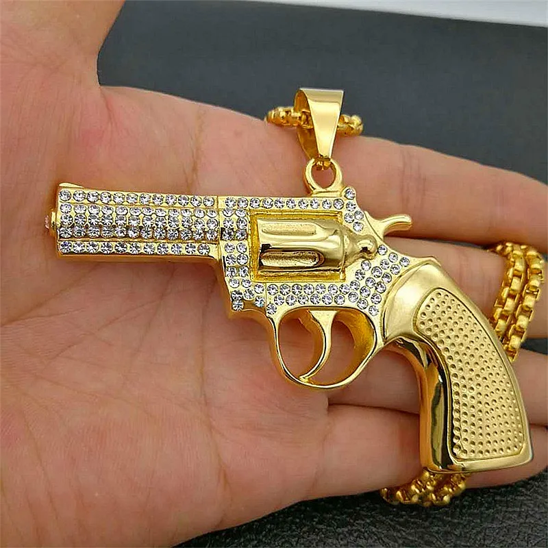 

Micro Paved AAA CZ Stone Iced Out Bling Big Revolver Gun Pendant Necklace Hip Hop Gold 316L Stainless Steel Men Jewelry
