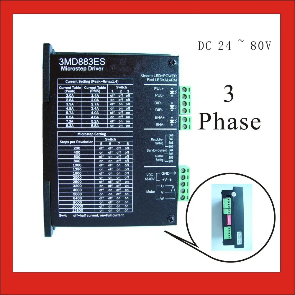 

3 phase Stepper Motor Driver 3MD883ES For NEMA 23/34 Stepping with 18-80V DC input supply and output 2.0-8.3A for Packaging