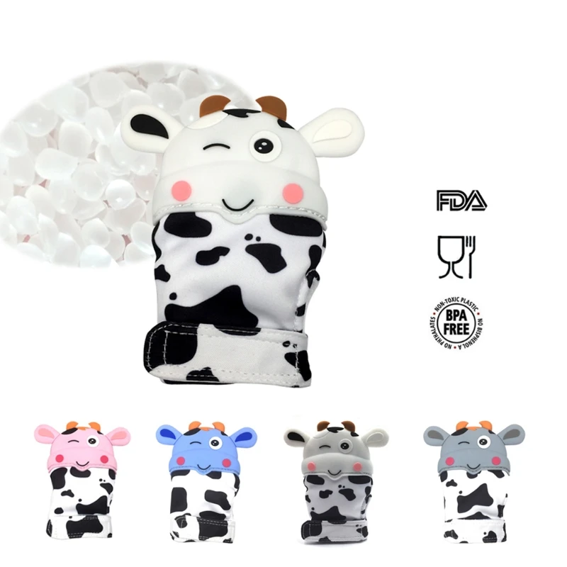 

Cute Cow Silicone Teether Baby Pacifier Glove Newborn Teething Chewable Mittens safe silicone finger design