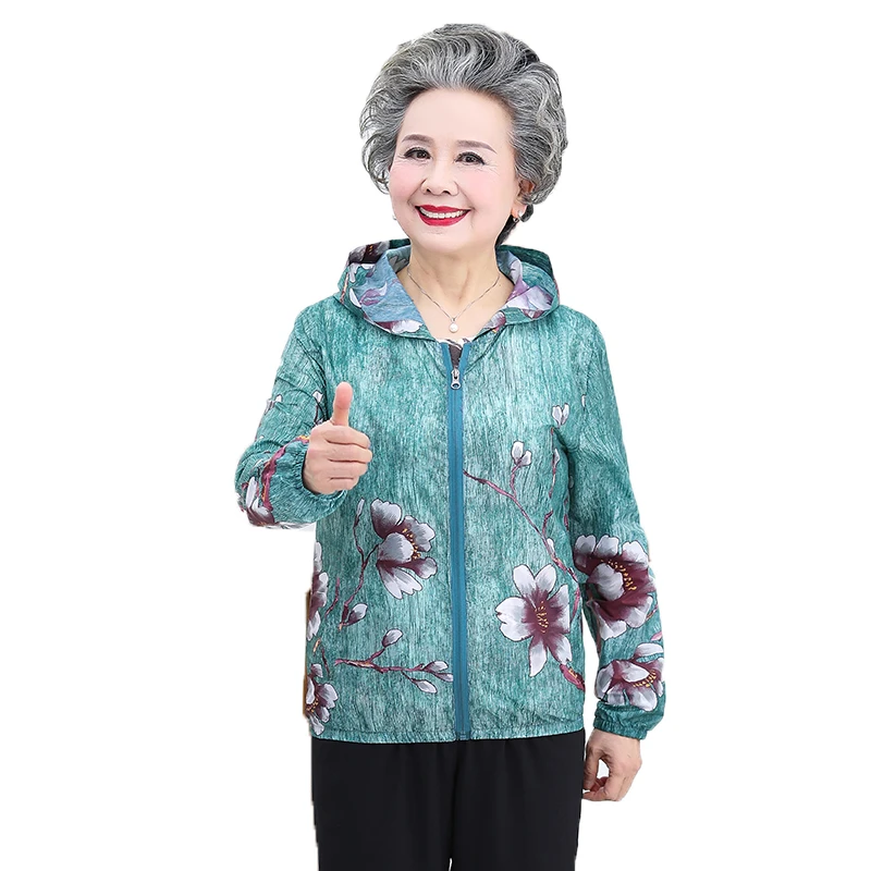

Spring Summer Woman Casual Hooded Jackets Thin Lightweight Hood Coats Female Flower Sun proof Clothing Elderly Women Mother Wear