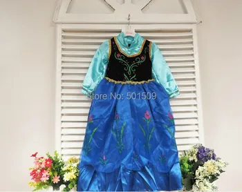 

Free shipping children girls princess anna costume/glitter sequins blue dress princess costume halloween