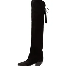 Женские сапоги наивысшего качества; пикантные замшевые сапоги до бедра; Сапоги выше колена на шнуровке сзади с кисточками; Модные Узкие женские Зимние ботиночки