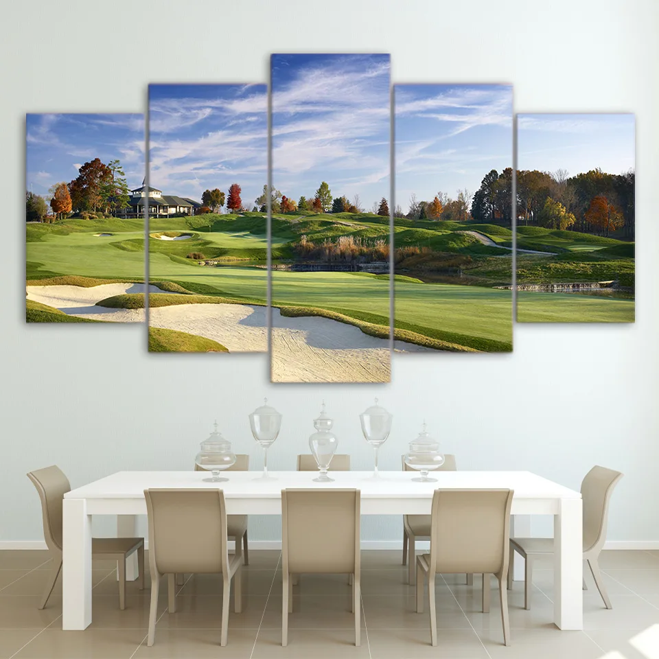

Wall Art Canvas Painting HD Prints Home Decor Golf Course 5 Pieces Creative Sport Modular Tree Pictures Landscape Artwork Poster