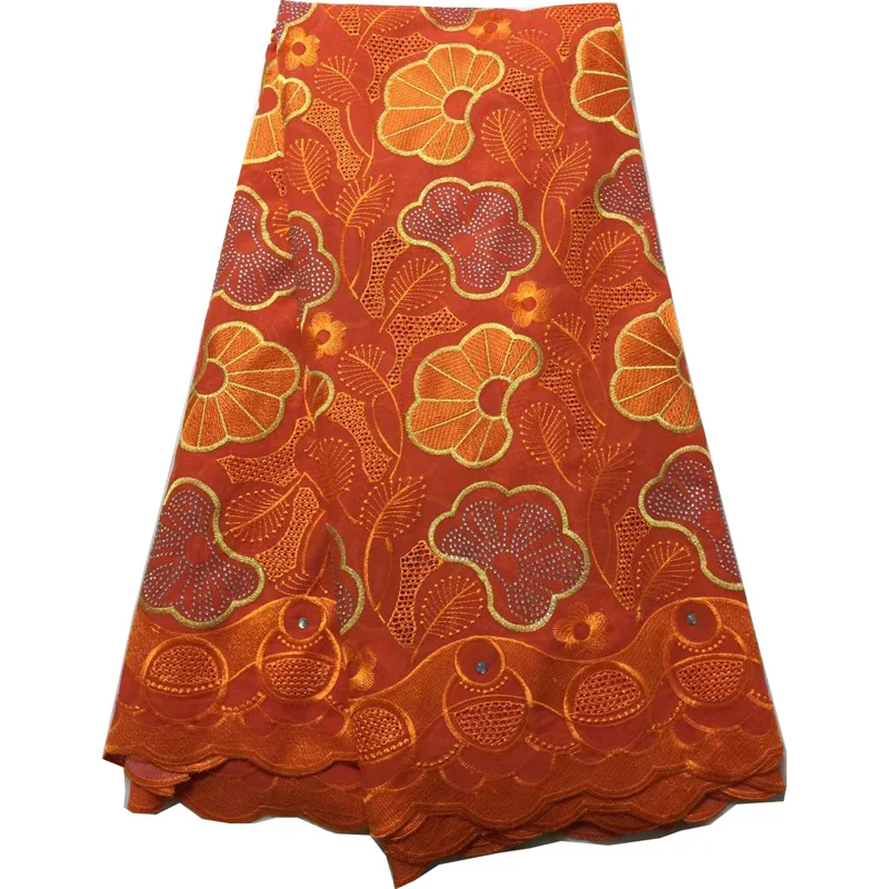 (5yards/p) beautiful orange African cotton lace fabric stones fixed