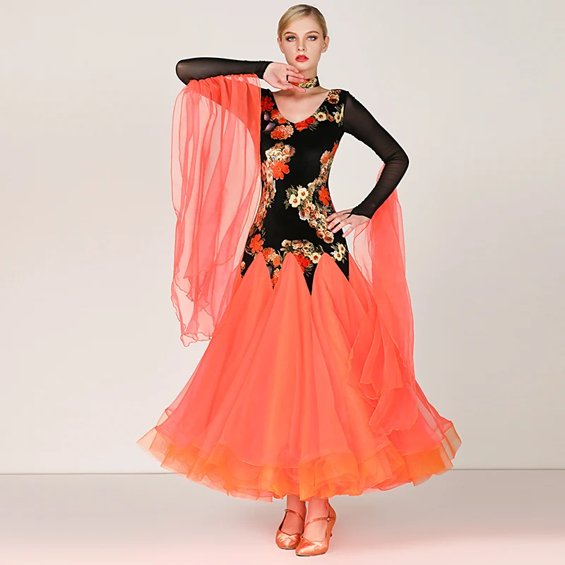 Стандартные Бальные платья для женщин стиль с длинным рукавом лайкра Вальс Конкурс танцевальная юбка для взрослых красное бальное платье для танцев