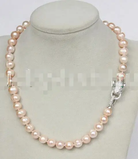 

Free Shipping>> new hot natural 17" 10mm near round pink freshwater pearls necklace leopard clasp
