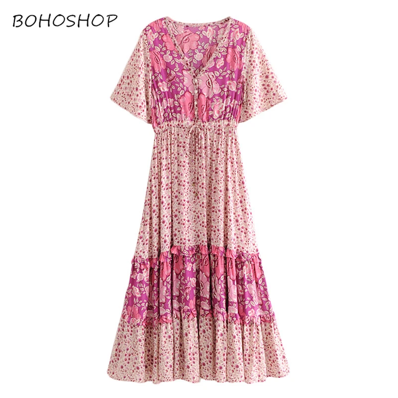 

Boho chic Floral print bat sleeve beach long Bohemian dresses Ladies V neck Tassel Summer happie dress vestidos