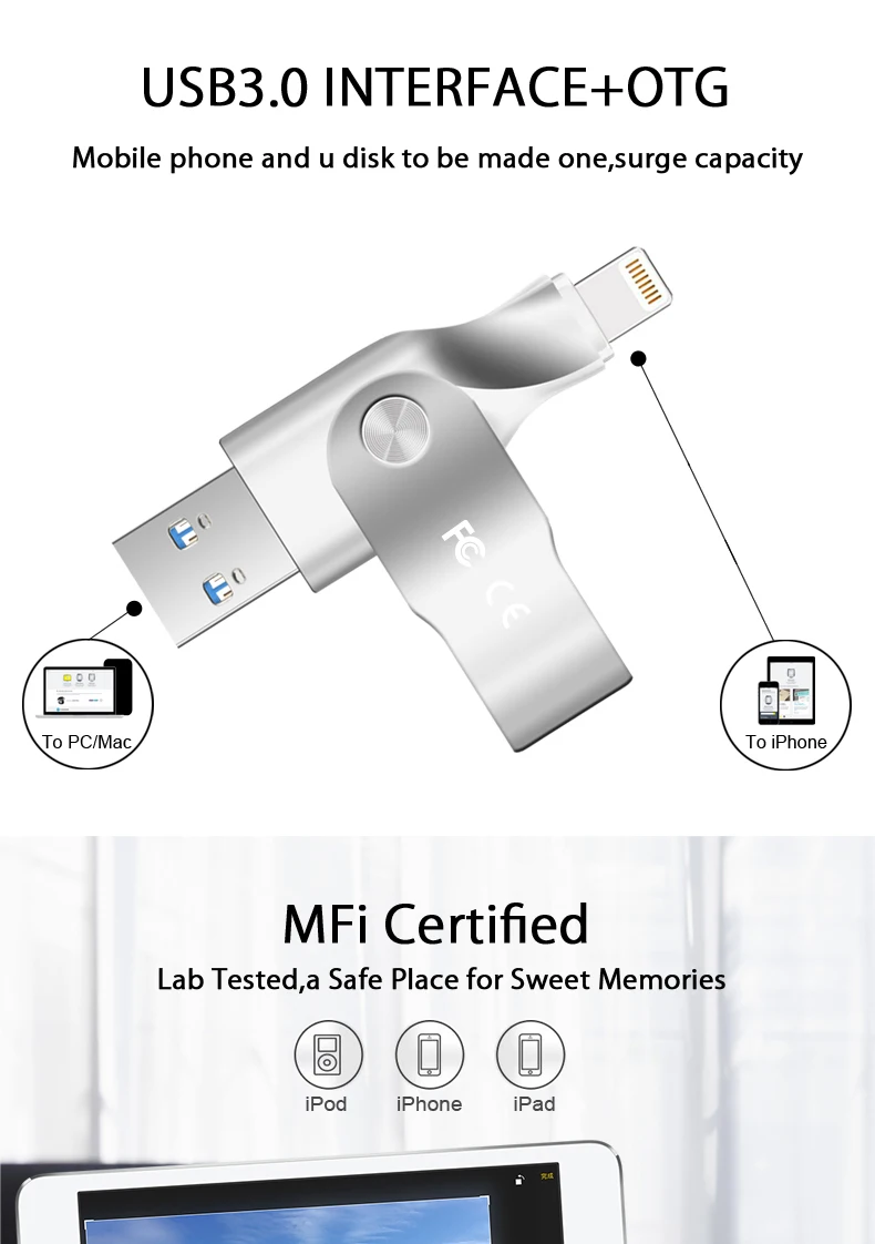 Suntrsi USB флеш-накопитель для iphone 7 plus/7/6s/5S флеш-накопитель 32 Гб 64 Гб 128 ГБ флеш-накопитель Lightning Usb 3,0 USB флешка для MFi iOS10