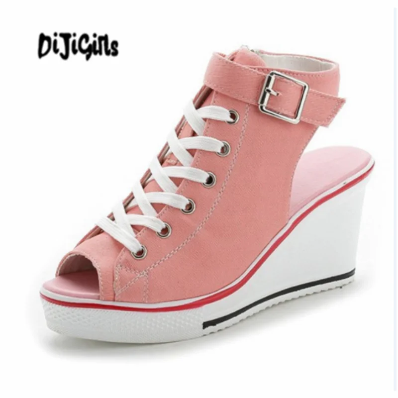 

Spring Summer Women New High Top Canvas Female Peep Toe Sneaker Wedges Open Toe Hollow Vulcanized Shoes Women Size 35-43