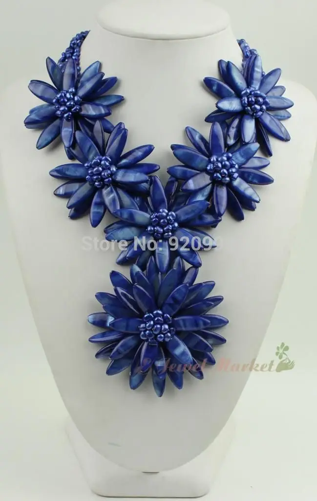 

free shipping>>@@ Wholesale Free P&P****N14071111 blue shell blue FW pearl flower necklace earrings set