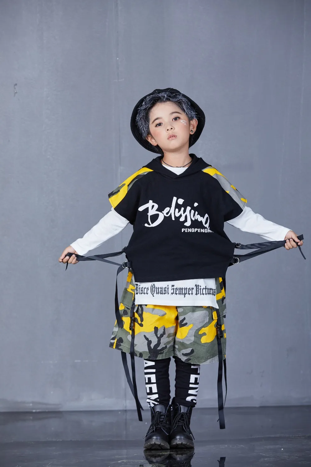 Spring Autumn Boys Girls Street Dance Clothes Suit Children's Fashion Print Performance Tracksuit Kid Hip-Hop Sportswear Outfit (70)