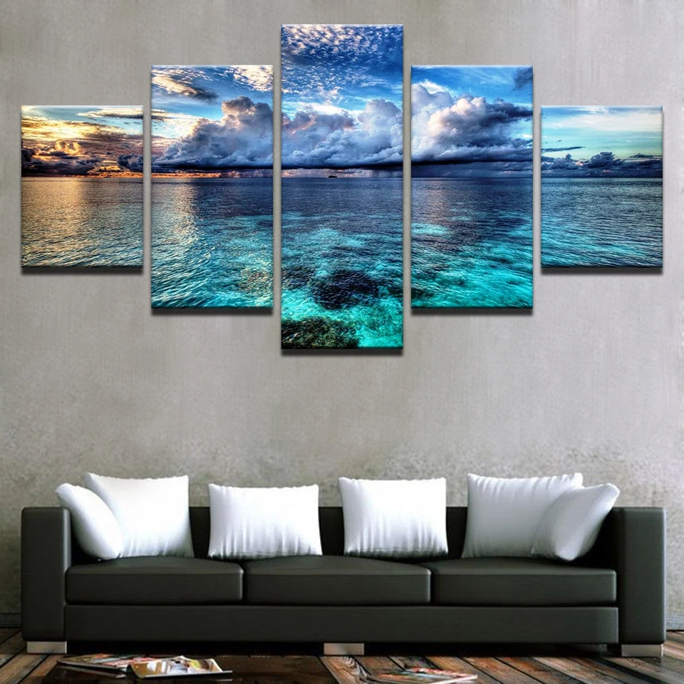 

Art Canvas Painting Wall Modular Print Pictures 5 Panel Blue Sky White Clouds Sunset Sea View Living Room Framework Decoration