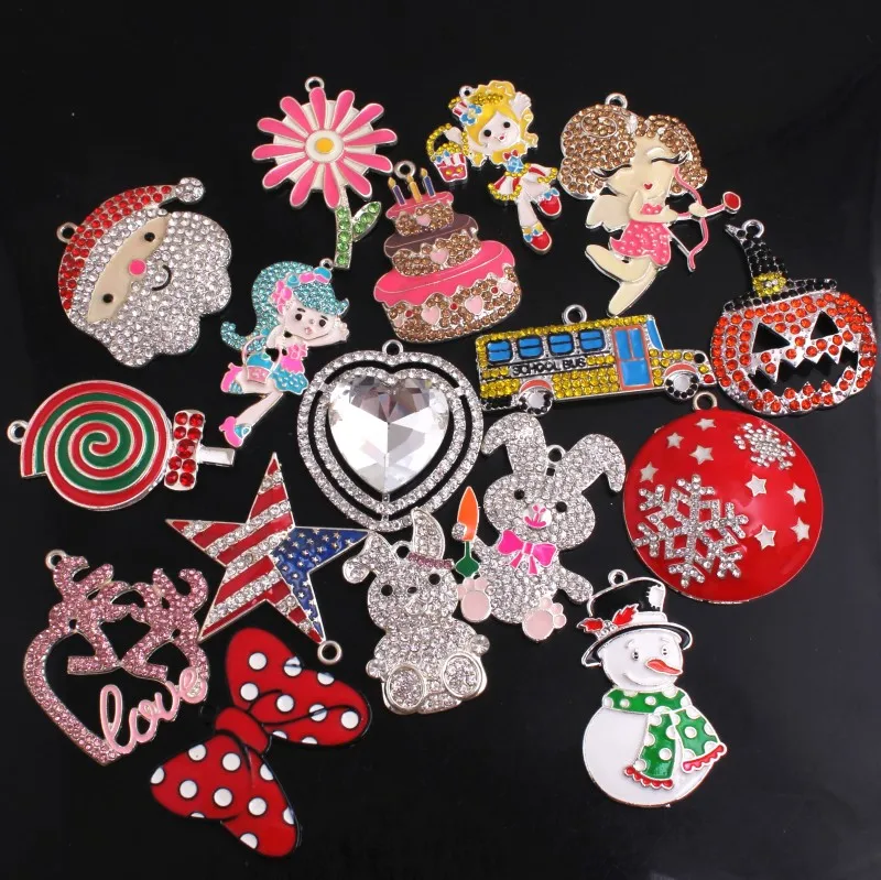 

OYKZA Promotion Random Mix Style 10pcs A lot Zinc Alloy Enamel Rhinestone Pendants for Chunky Beaded Necklace Making