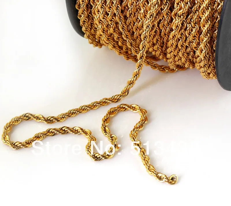 

Free DHL 100 meters hot sale 18K Gold plated high-quality Stainless Steel 4mm rope chain.jewelry finding DIY necklace in Bulk