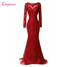 Linyixun настоящая фотография, Vestido de festa, вечерние платья с длинным рукавом и глубоким вырезом,, платья для выпускного вечера с коротким шлейфом и красной кружевной аппликацией