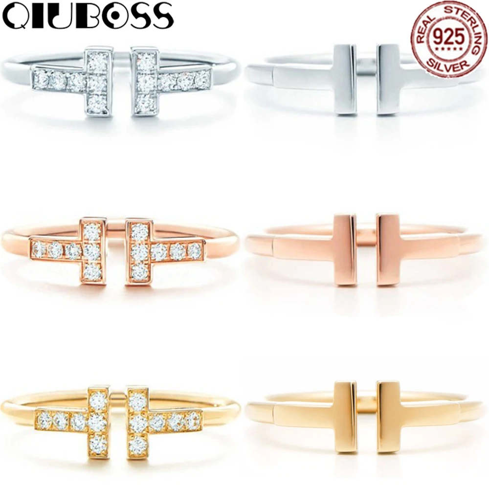 

QIUBOSS S925 SilverTiffany Ring double T opening 18k gold tricolor into daily wild can do wedding Inlaid Rings