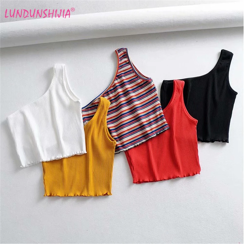 

LUNDUNSHIJIA New Arrival Women Fashion Sexy Tops 2019 Summer Single Shoulder Tanks Top Slim Vests 5 Colors