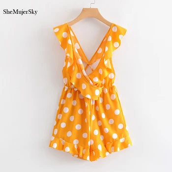 

SheMujerSky Orange Playsuit Summer Ruffles V-neck Jumpsuit Short Backless Dot Print Rompers Overalls For Women