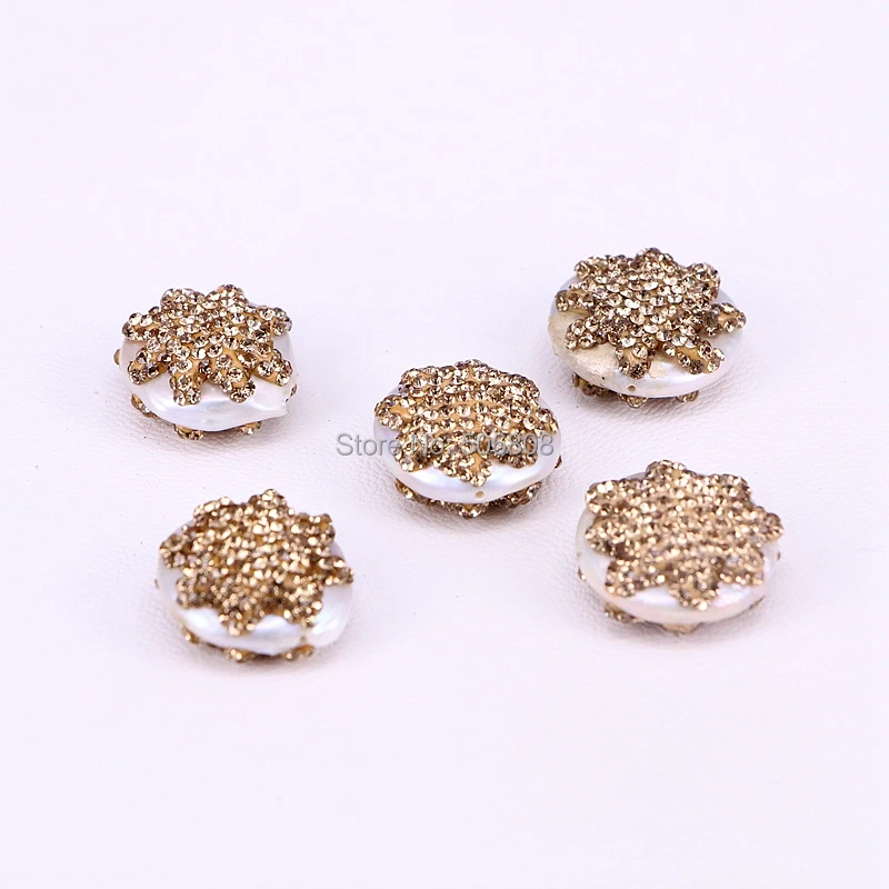 

10PCS ZYZ293-9110 Nature Pearl with golden crystal rhinestone paved coin shape freshwater pearl beads for jewelry making