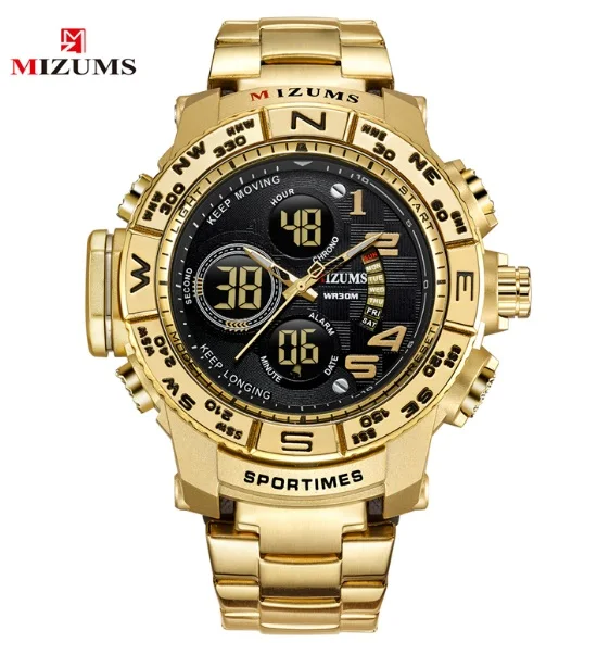 Mizums, брендовые кварцевые часы, мужские спортивные часы, стальной ремешок, военные часы, водонепроницаемые, золотые, светодиодный, цифровые часы, Relogio Masculino - Цвет: gold black