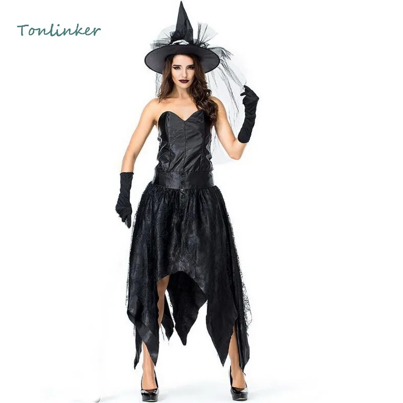 

Halloween Adult Black Sexy Tube Top Witch Costume Irregular Dress+Hat Carnival Party Women Dresses Cosplays Clothing