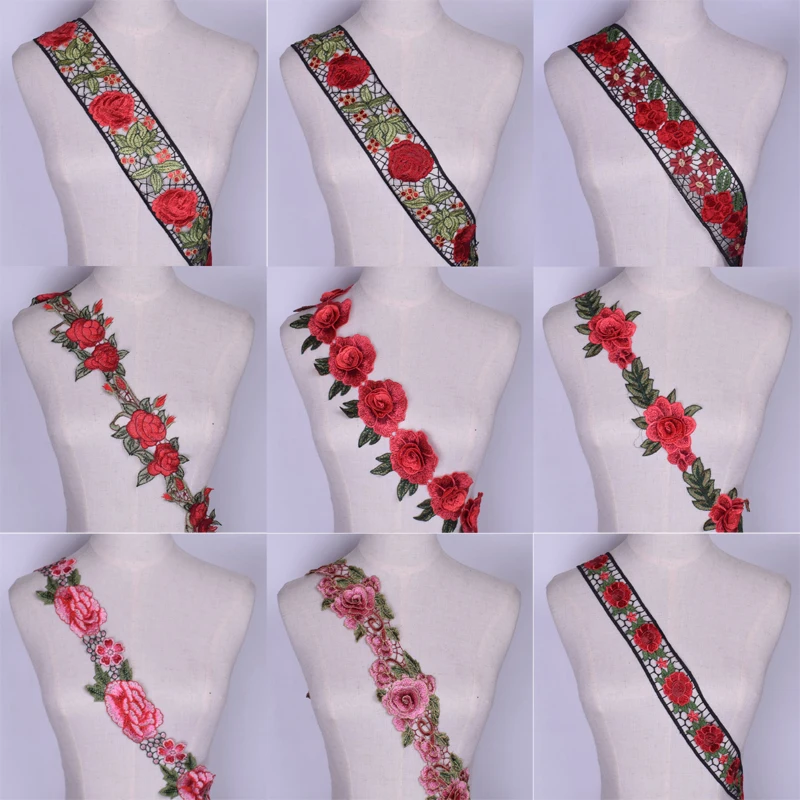 3D Красный цветок Цветочная вышивка аппликация с кружевной отделкой Ткань кружевная лента швейное ремесло для костюма шляпа украшения NL369
