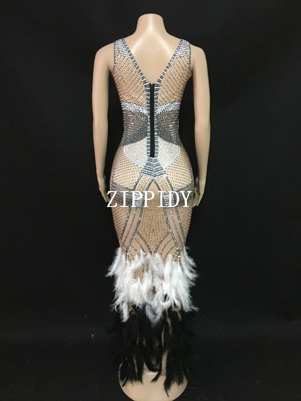 Модное дизайнерское платье со стразами и перьями, одежда для дня рождения, стрейчевое цельнокроеное платье с камнями, длинное вечернее платье для выступлений