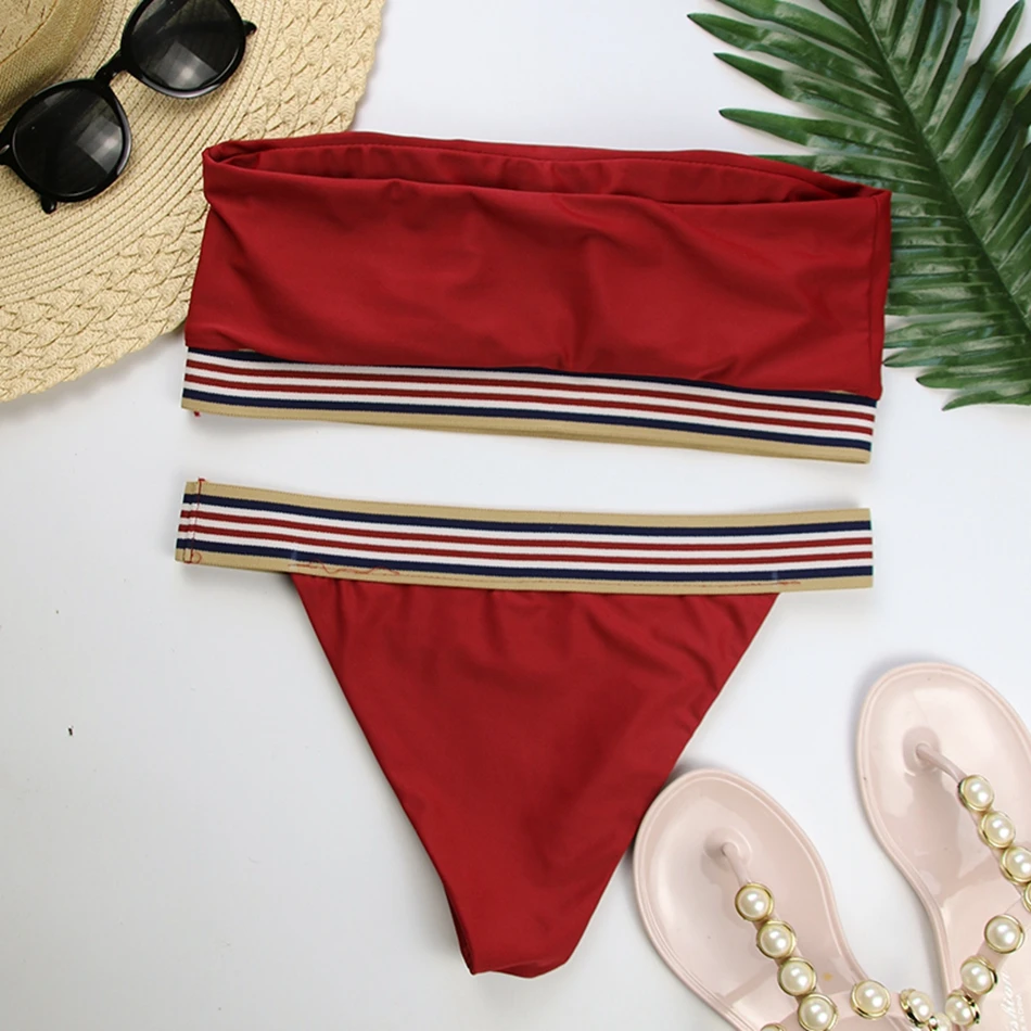

Sexy Striped Brazilian Thong Bandeau Bikini Set Padded Bandage Women Swimwear Summmer Bathing Swim Suit Maillot De Bain Biquini