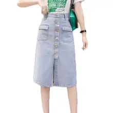 Falda de mezclilla coreana para mujer 2019 de verano de cintura alta de línea a faldas de Jeans de un solo botón bolsillos falda de Jean azul estilo Saia Jeans f125(China)
