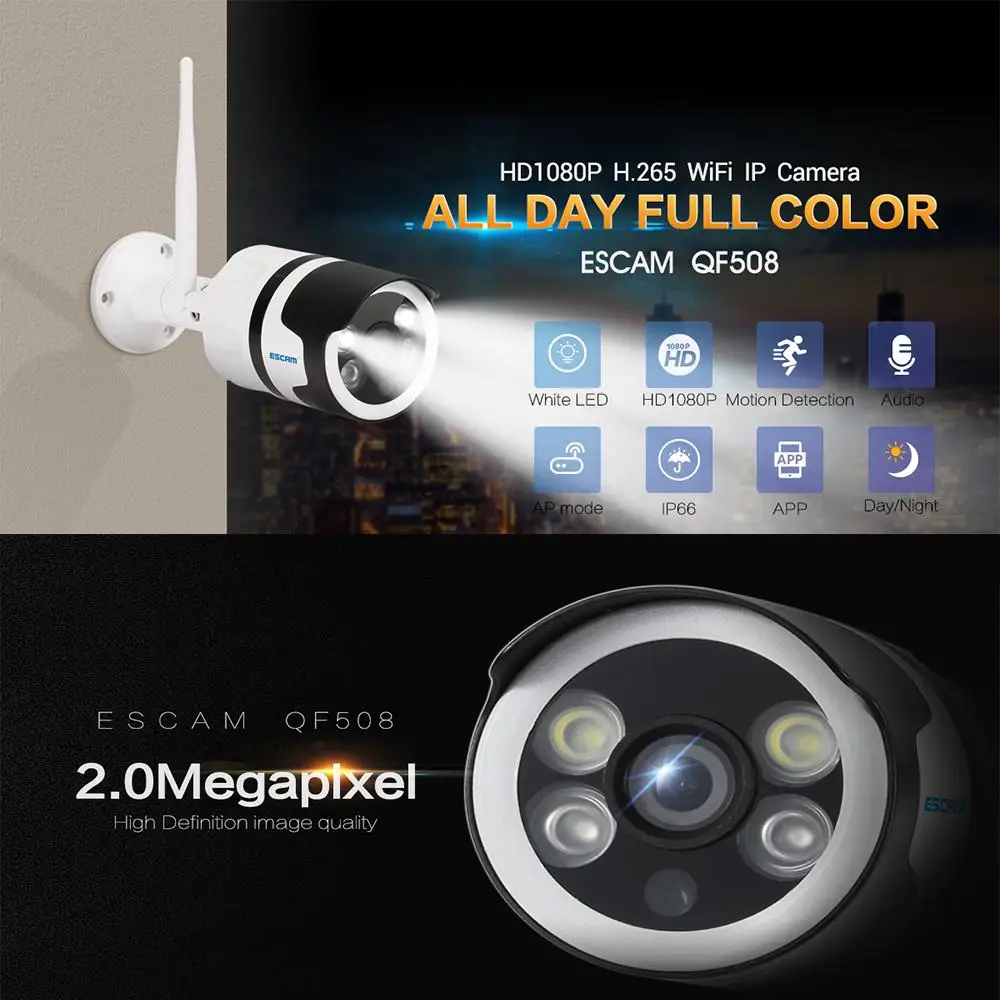 

QF508 HD 1080P 2.0MP Waterproof Outdoor Full Color Night Vision Security WiFi IP Camera, Infrared Bulllet Camera