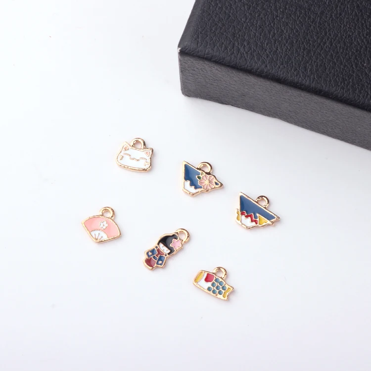cheap 50PCS Gold Tone Oil drop Japanese style Cat fan fish Mountain charm Enamel Pendant for Earring DIY Jewelry Making wholesale