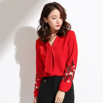 

2019 Chiffon Embroidery Blouse Woman Spring Autumn Bottoming Long Sleeve Tops Red White Floral Shirts