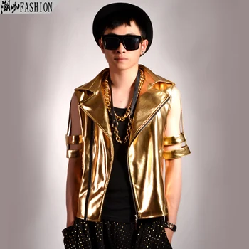 

Male fashion Golden cutout short-sleeve motorcycle leather Jacket men's stage show performance costume